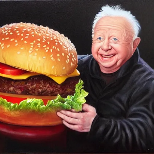 Prompt: portrait of mickey rooney eating giant hamburgers, extra bacon lettuce and tomatoes, an oil painting by ross tran and thomas kincade