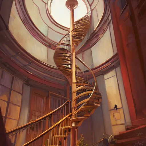 Prompt: sargent and leyendecker and greg hildebrandt, portrait of a spiral staircase, stephen bliss, unreal engine, fantasy art by greg rutkowski, loish, rhads, ferdinand knab, makoto shinkai, ilya kuvshinov, rossdraws, global illumination, radiant light, detailed and intricate environment