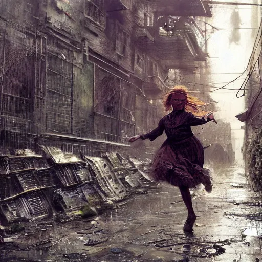 Image similar to close view of sadie sink. runs desperately | a mechanical monstrosity runs toward sadie sink | background : alleyway near decaying tenements. concept art for scifi dystopian film. by nikolay makovsky, bob byerley, wadim kashin, andrea kowch. cinematic moody atmosphere, detailed and intricate, perfect anatomy