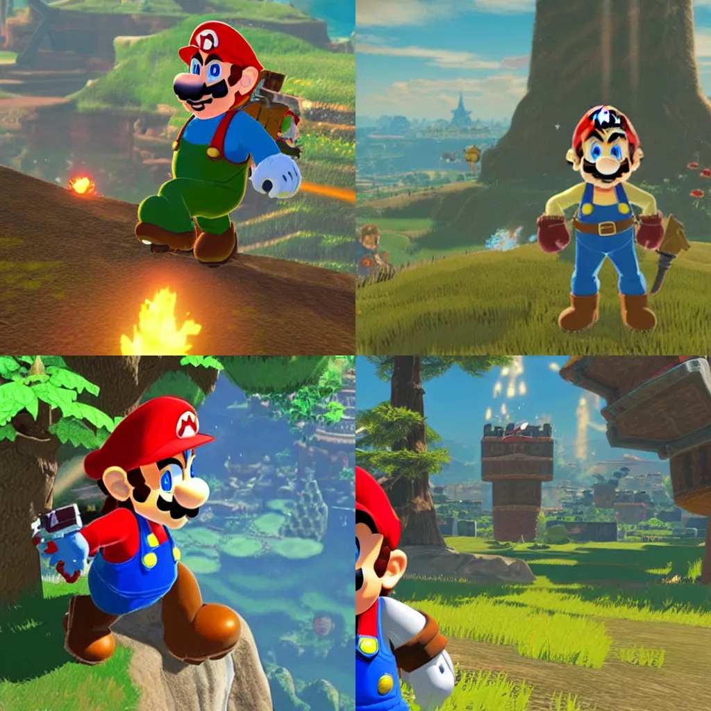 Prompt: screenshot of Super Mario as a playable character in Zelda: Breath of the Wild (2017)