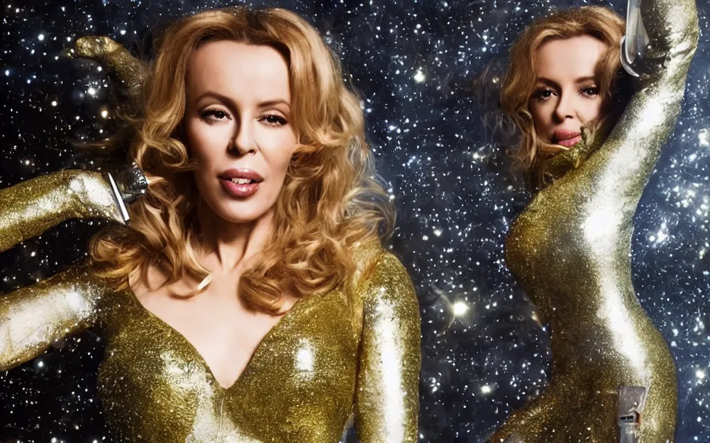 Image similar to kylie minogue as barbarella. floating through an airlock, firing a raygun. soft lighting. glamorous. sophisticated. studio photography. depth of field. cinematic. photorealistic. bokeh.