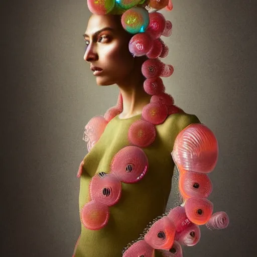 Prompt: a close - up shot of a brown woman wearing a luminous armor made of neon jelly fishes. extremely soft lighting. fragile. jellyfish arms. haunting eyes!! coherent face!! no makeup!! muted colors. by ray caesar. by louise dahl - wolfe. by andrea kowch. surreal photography