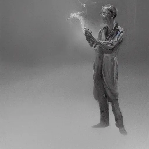 Image similar to a highly detailed epic cinematic concept art CG render digital painting artwork costume design: Henry Fonda as a 1950s tired disillusioned poet, barefoot, smoking a cigarette. volumetric lighting. By Greg Rutkowski, in the style of Francis Bacon and Syd Mead and Norman Rockwell and Beksinski, open ceiling, highly detailed, painted by Francis Bacon and Edward Hopper, painted by James Gilleard, surrealism, airbrush, Ilya Kuvshinov, WLOP, Stanley Artgerm, very coherent, triadic color scheme, realistic facial expression, art by Takato Yamamoto and James Jean