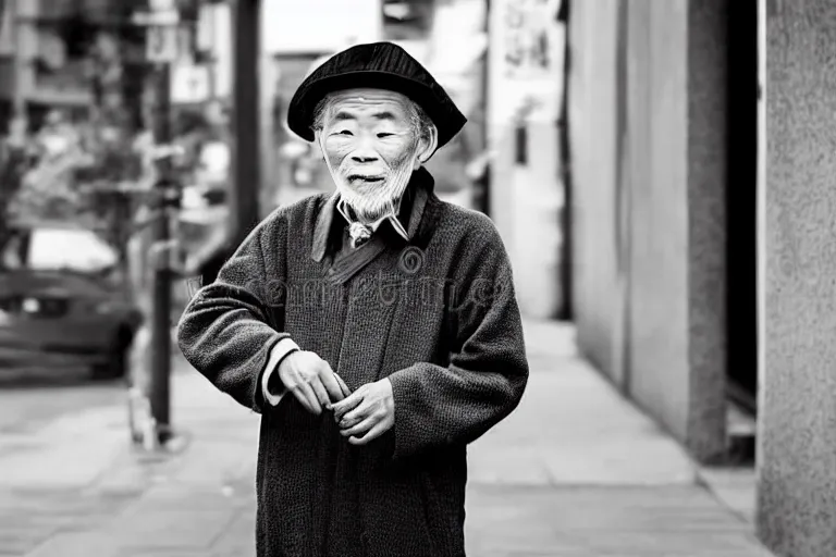 Image similar to still photo of a japanese old man greeting at the camera on the street, black and white color aesthetic, highly detailed, photorealistic portrait, bright studio setting, studio lighting, crisp quality and light reflections, unreal engine 5 quality render