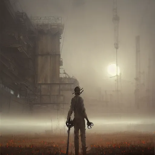 Prompt: gigantic industrial farmer mecha, dense fog, steampunk, jakub rozalski