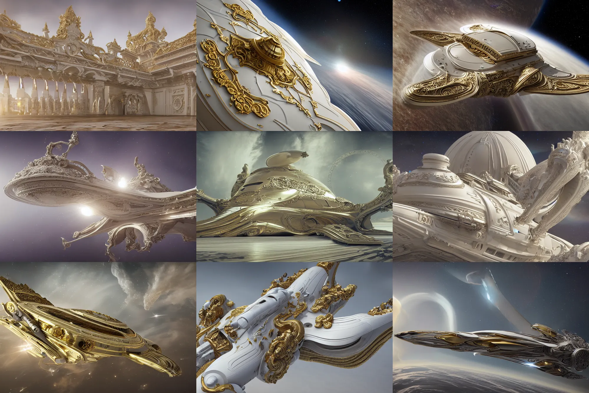 Prompt: exterior shot of the gleaming hull of a starship drifting through space, made of white ivory with detailed gold baroque ornamentation and filigree, trending on ArtStation, very detailed, octane render, Greg Rutgowski, Jodorwoski's Dune, David Lynch, postmodernist baroque industrial design, 4K, French Nouveau, gothic baroque space ship