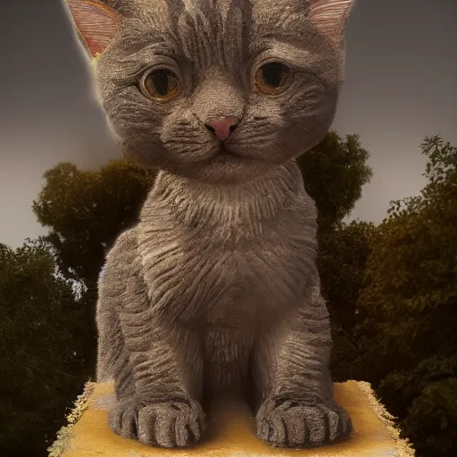 Image similar to a colossal statue of an adorable kitten, intricate artwork by beeple, third person, beautiful, full view, cinematic lighting, heavy mist, octane render, trending on artstation, greg rutkowski very coherent artwork. cinematic, hyper realism, high detail, octane render, 8k