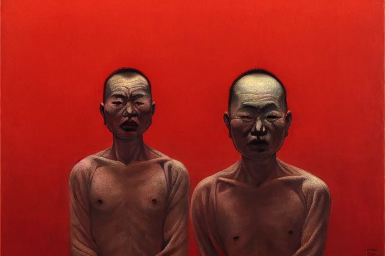Prompt: a chinese prisoner, in the style of beksinski, parts by edward hopper, parts by rodcenko, parts by yue minjun, parts by glenn brown, intricate and epic composition, symmetrical, red by caravaggio, insanely quality, highly detailed, masterpiece, red light, chiaroscuro, artstation, 4 k