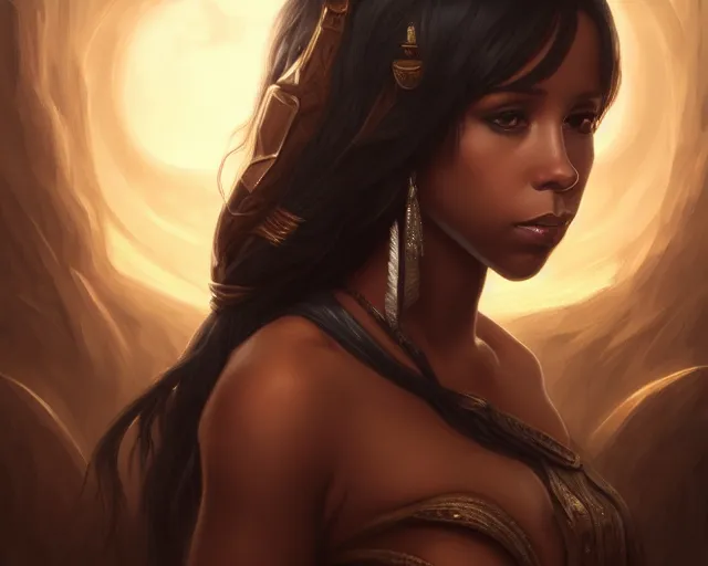 Prompt: photography of young black jennifer love hewitt, dark skin, deep focus, d & d, fantasy, intricate, elegant, highly detailed, digital painting, artstation, concept art, matte, sharp focus, illustration, hearthstone, art by artgerm and greg rutkowski and alphonse mucha