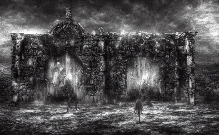 Image similar to alvah angelrune water portal to hell located in heaven, photorealistic, crowd of people, rule of thirds, 4 k, dark bright effect, version 3, very stylized