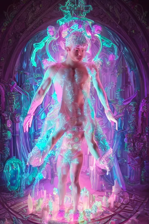 Image similar to photo of full-body rococo and cyberpunk delicate neon crystalline sculpture of ((muscular pale blue albino prince Nick Jonas)) as an iridescent humanoid deity wearing a thin see-through ((plastic hooded cloak)) (holding a human skull) in a neon castle dungeon, reclining con (((las piernas abiertas))), glowing pink face, crown of (white lasers), large diamonds, swirling black silk fabric. futuristic elements. oozing glowing liquid, full-length view. space robots. intricate artwork by caravaggio. Trending on artstation, octane render, cinematic lighting from the right, hyper realism, octane render, 8k, depth of field, 3D