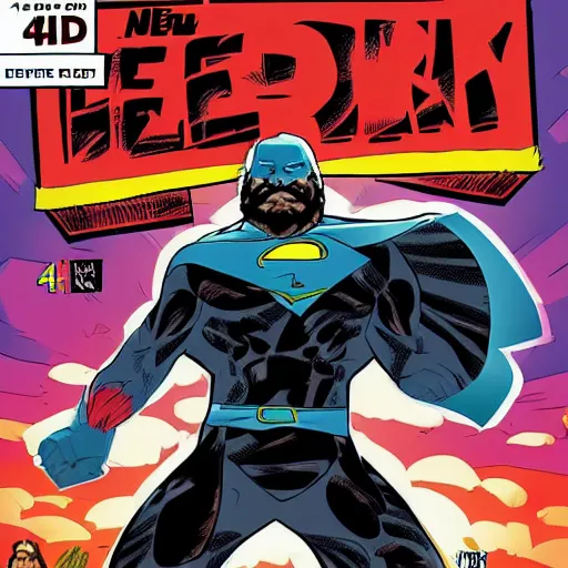 Prompt: A neck beard, reddit moderator, as a comic book hero fighting off evil,, 4k, comic book cover