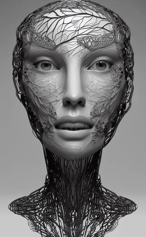 Image similar to complex 3d render ultra detailed of a beautiful porcelain profile woman face, hazel eyes, vegetal dragon cyborg, 150 mm, beautiful natural soft light, rim light, silver black details, magnolia big yellow infrared leaves and stems, roots, fine lace, maze like, mandelbot fractal, anatomical, facial muscles, cable wires, microchip, elegant, white metallic armor, octane render, black and white, H.R. Giger style