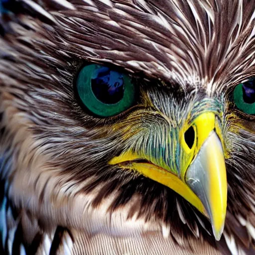 Prompt: scenic photo of a bird of prey, covered in feathers. focus on the beak. intricate eyes. extremely large wings. extreme detail, hyperrealistic photo