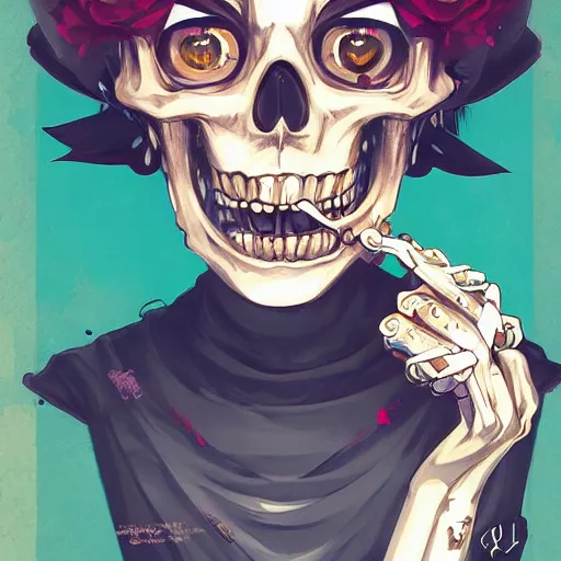 Image similar to anime manga skull portrait young woman skeleton, cuphead, painterly, logo, graffiti, elegant, highly detailed, digital art, art by jc leyendecker and sachin teng