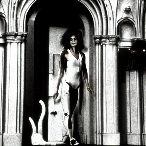 Image similar to detailed still of beautiful Ripley-Sigourney Weaver- wearing a white singlet and cat Jonesy moving apartment New York City 1983, gothic building entrance way Art Deco H.R. Giger, cinematic feel, high octane