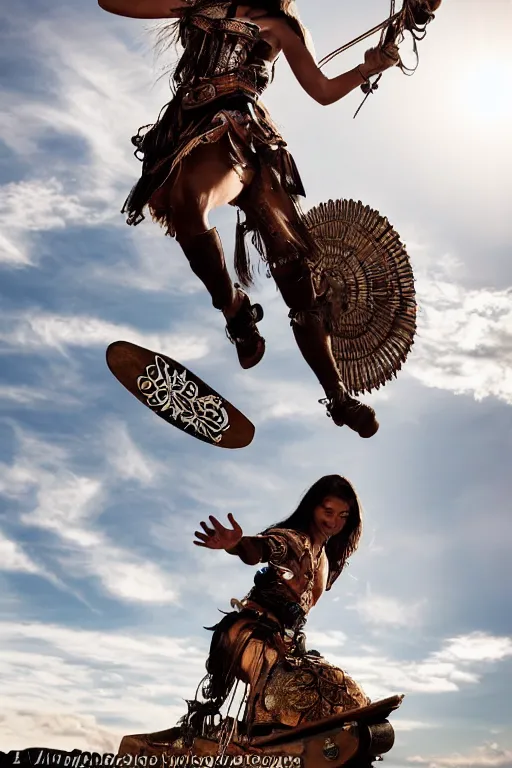 Prompt: old vintage full body photo of ancient Mexican warrior female on the complex big steam punk airboard with antigravity engine, extreme sports photography , dynamic photography,symmetrical face, beautiful female face, slim body, high speed,dirt and grawel flying in the spot, lens flares, dust in the air, dramatic lighting, intricate, highly detailed, centered, smooth, sharp focus, sports photography, old photo, black and white, sepia, cinematic lighting, cinematic angle, national geographic