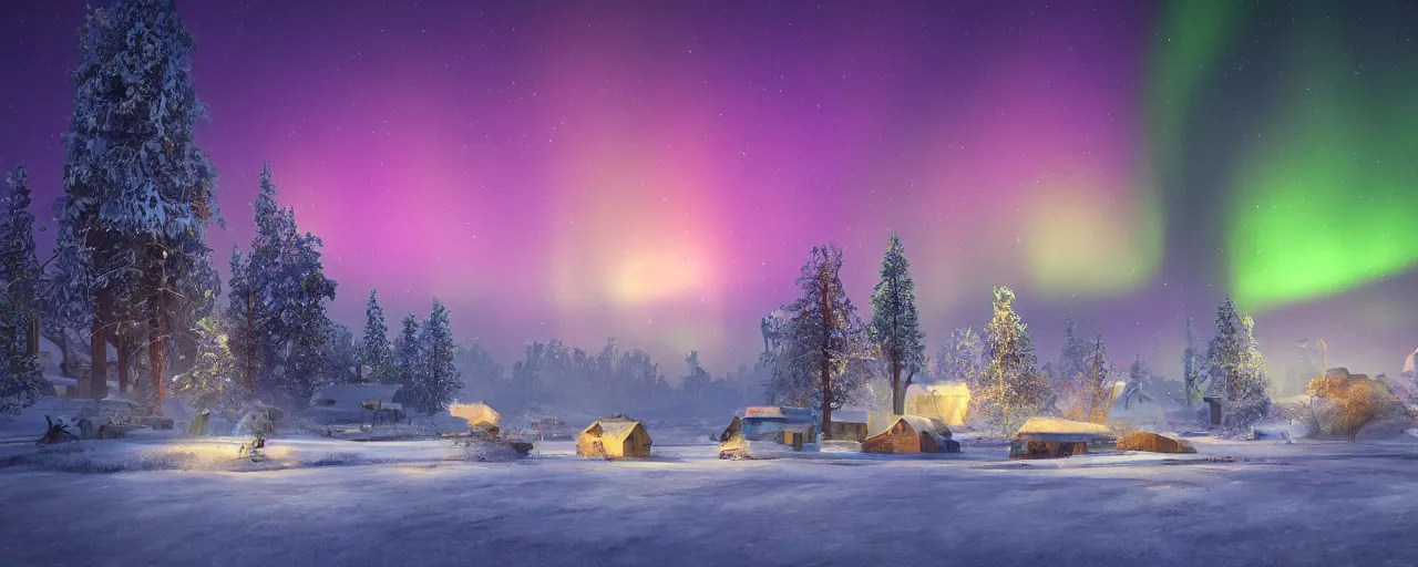 Prompt: a landscape with northern lights and village, winter, glowing lights, artstation, concept art, 4k, octane render