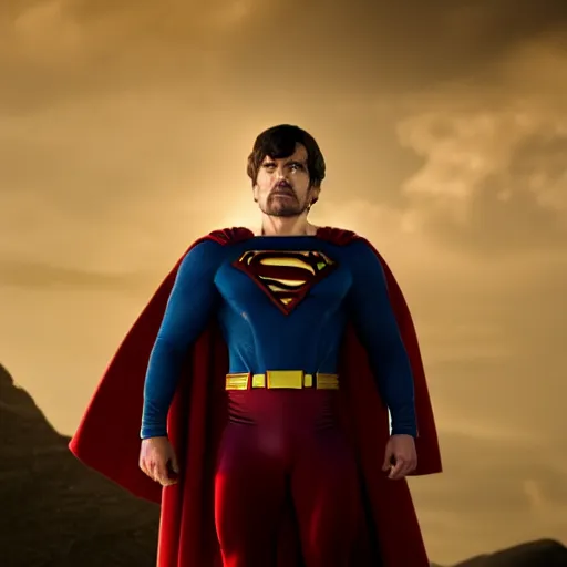 Image similar to stunning awe inspiring peter dinklage as superman, movie still 8 k hdr atmospheric lighting