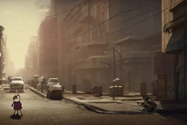 Prompt: dystopian desolate street scene with a little girl crying pixar disney style, pixar studios, animated, cgstation, octane render, film still, best animation, visual effects