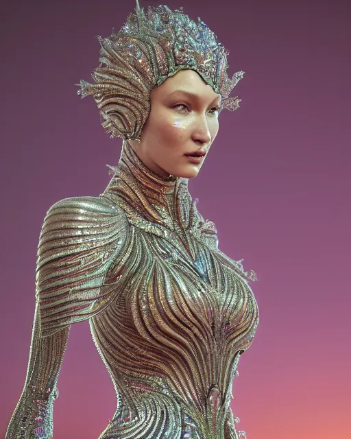 Image similar to a highly detailed metahuman 4 k close up render of an alien goddess bella hadid as goddess in iris van herpen dress schiaparelli in diamonds crystals swarovski and jewelry iridescent in style of alphonse mucha gustav klimt trending on artstation made in unreal engine 4