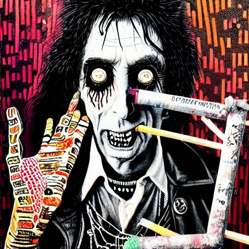 Image similar to graphic illustration, creative design, alice cooper, biopunk, francis bacon, highly detailed, hunter s thompson, mixed media