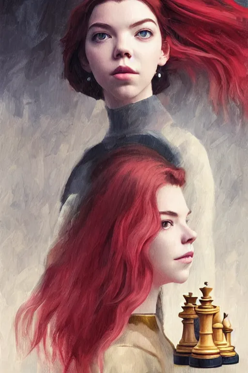 Image similar to a ultra detailed beautiful panting of anya taylor - joy, queens gambit, red hair, bangs, she is holding a chess piece in her hand, high angle shot, the background has an abstract chessboard pattern, oil painting, by ilya kuvshinov, greg rutkowski and makoto shinkai