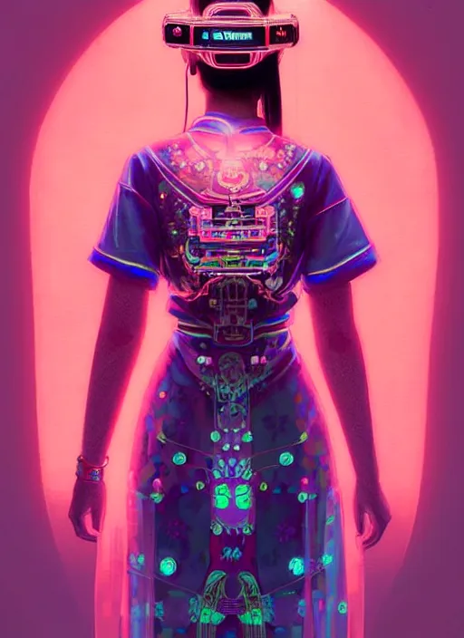 Image similar to portrait of female japanese android in elaborate kimono dress, wearing a vr headgear, hologram hovering around her, intricate detail, cyber neon lighting, highly detailed, digital photography, artstation, glamor pose, concept art, art by artgerm and greg rutkowski, pinterest, artstation,