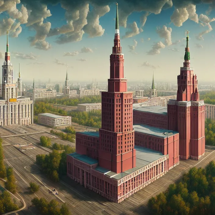 Image similar to matte painting of a moscow state university building, masterpiece, cinematic, hyperdetailed, photorealistic, hyperrealism, octane render, depth of field, bokeh, architecture, aerial view, art by tom bagshaw, geof darrow, james gurney, filip hodas