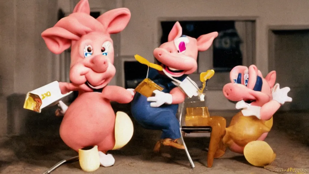 Prompt: found footage of Porky Pig eating glue, hyperrealistic