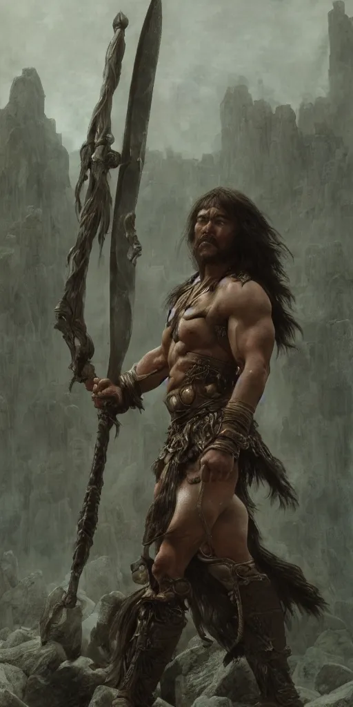 Prompt: conan the barbarian, masterpiece by Edgar Maxence and Ross Tran and Michael Whelan, gustav dore, 8k, octane render