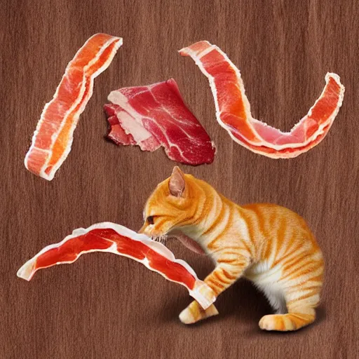 Image similar to orange tabby cat fighting a humanoid bacon strip, humanoid bacon strip fighting tabby, realistic