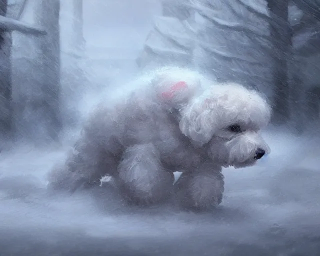 Prompt: prompt bichon battles through snowstorm with stomach scarred, digital painting, in the style of greg rutkowski, highly detailed