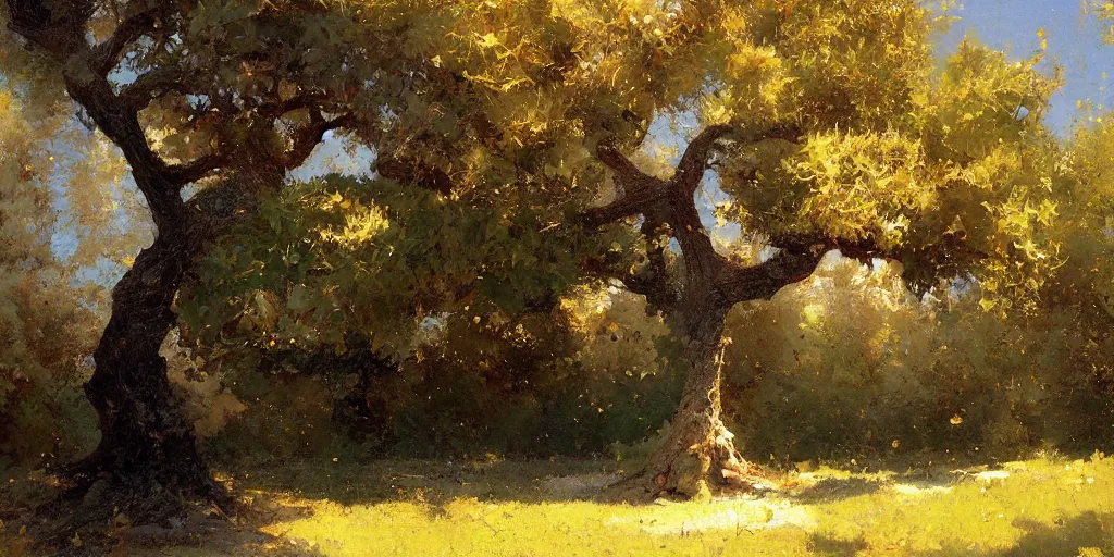 Image similar to digital art painting of a single tree in the middle of a front yard painted by craig mullins and gaston bussiere and greg rutkowski