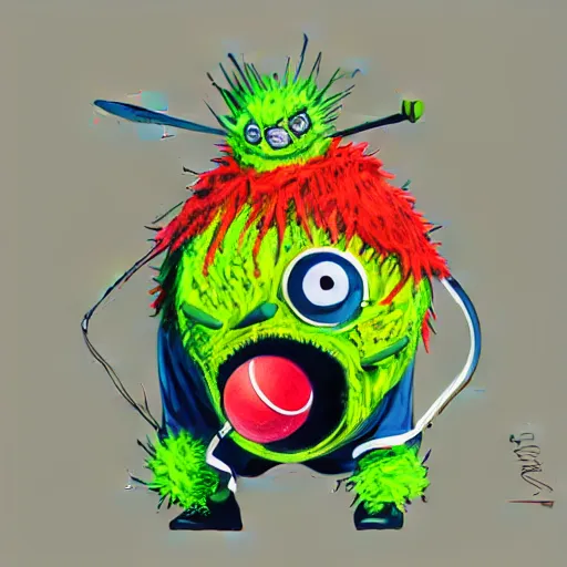 Image similar to a tennis ball monster wearing a hoodie ,tennis ball, tennis racket, colorful, digital art, fantasy, magic, trending on artstation, ultra detailed, professional illustration by Basil Gogos