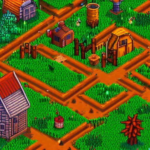 Image similar to an isometric render of a village, farm game, medieval, forest, stardew valley