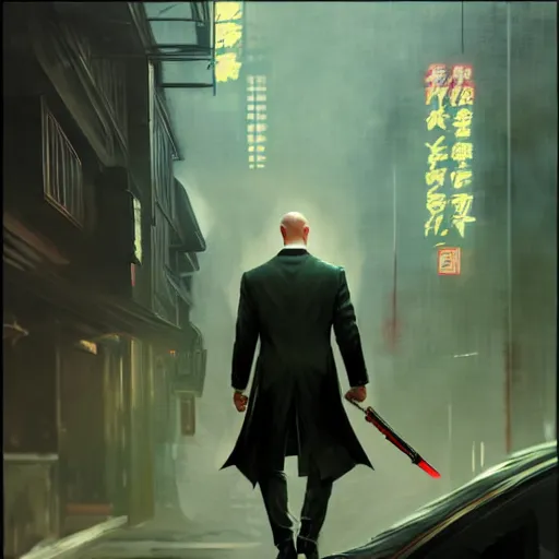 Image similar to Agent 47 in a scene from yakuza, artstation, concept art, smooth, sharp focus, illustration, art by and greg rutkowski and alphonse mucha