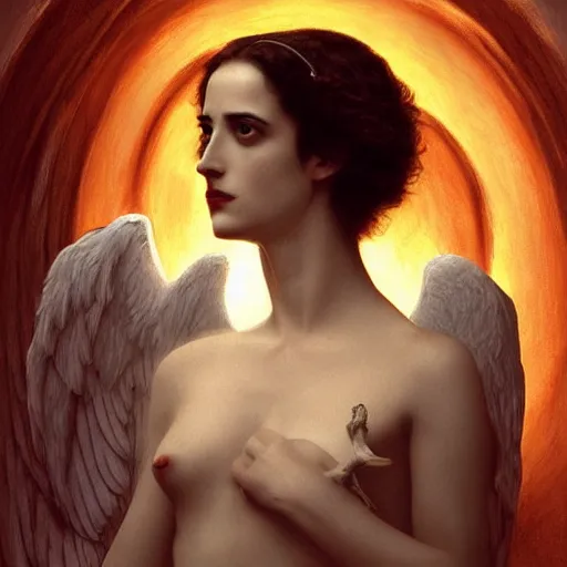 Prompt: eva green as an angel standing in the front of gates of hell. angel is draped with bones. digital painting. art station. mood lighting. skindness, highly detailed, concept art, intricate, sharp focus, einar jonsson and bouguereau - h 1 2 0 0