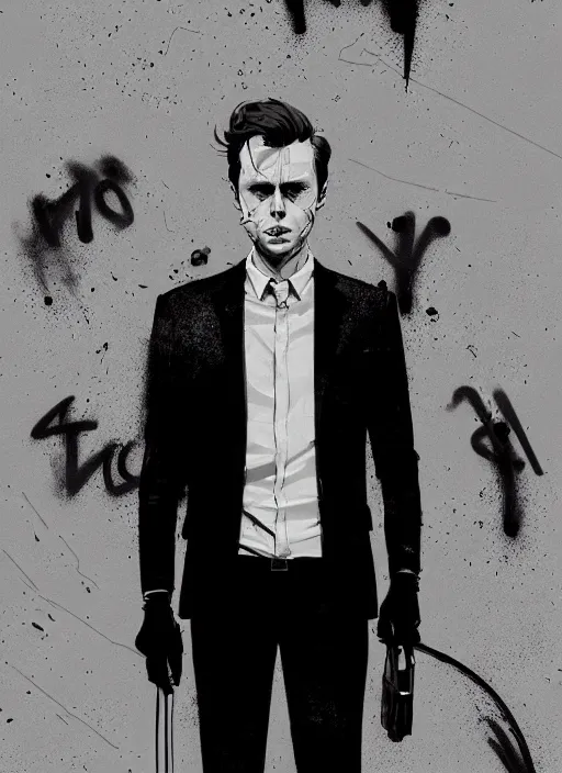 Image similar to highly detailed closeup portrait of martin wallstrom, tyrell wellick, slick back hair wearing suit by atey ghailan, by greg rutkowski, by greg tocchini, by james gilleard, by joe fenton, by kaethe butcher, gradient blue, black and white only color scheme, grunge aesthetic!!! ( ( graffiti tag wall background ) )