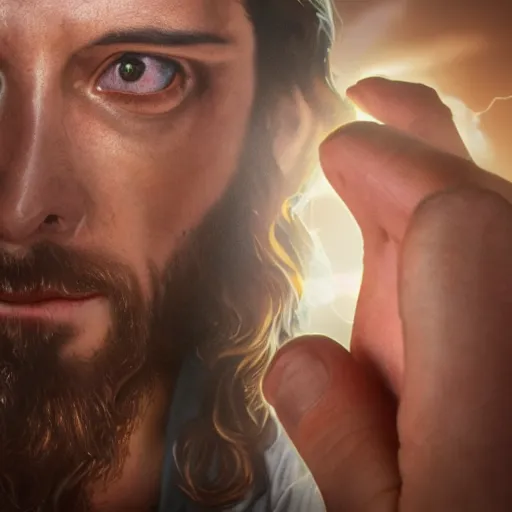 Image similar to uhd real 8 k photo of jesus flipping people off, digital art, portrait, portrait concept art, special effects, finely detailed, studio lighting, correct details, correct face, real jesus