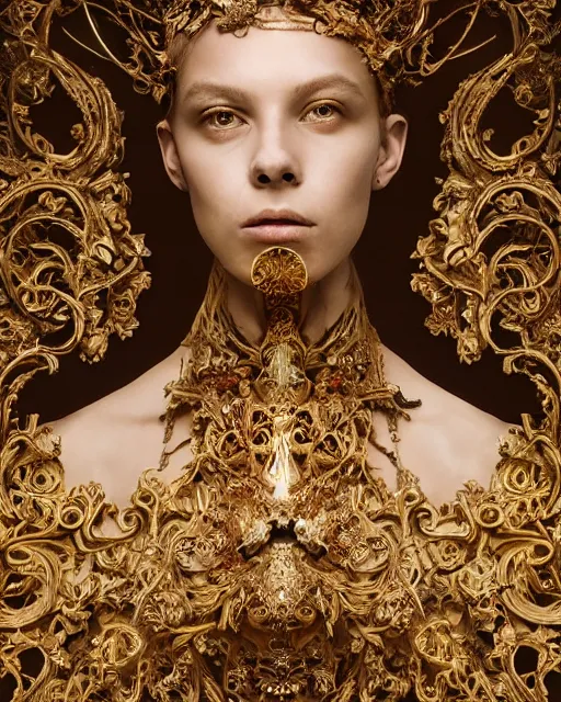Image similar to a portrait of female by stefan geselle and nekro borja, photorealistic, intricate details, hyper realistic, fantasy, elegant, baroque metal gold headpiece, photorealistic, canon r 3, photography, wide shot, symmetrical features, wide angle shot, head to toe, standing pose, feet on the ground, wearable art