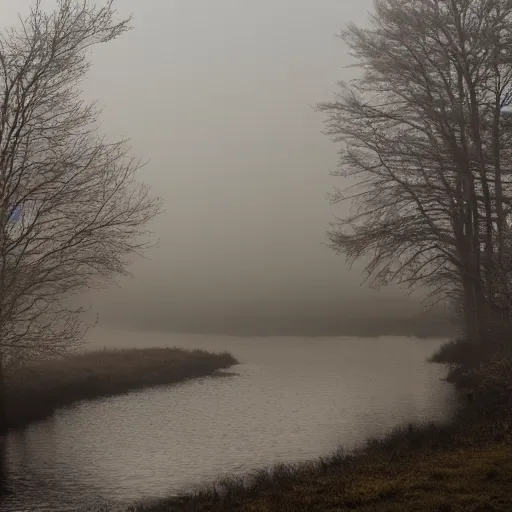 Prompt: sunrise over a foggy river, atmospheric expressionism