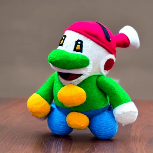 Image similar to a yarn plush doll of wario riding a yoshi