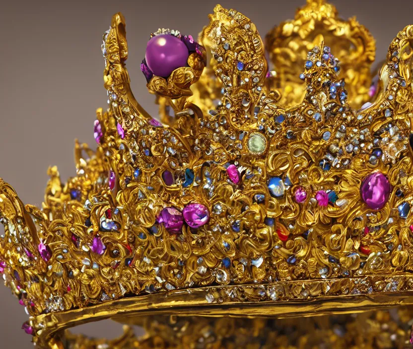 Prompt: Still life photo studio, golden crown adorned with multicolored gems, hyperdetailed, unreal engine, 8k