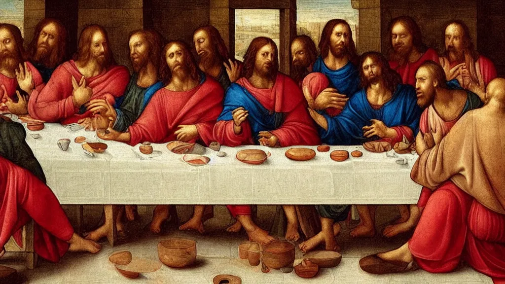 Prompt: 'Boris Johnson'!!!!!!!!!! in the ((last supper)) by Leonardo, there is a party in the background and face masks on the table