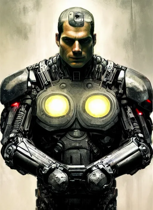 Image similar to henry cavill as victor stone, full body concept, cyborg, borg, strogg, face of a man, terminator, flesh, quake strogg, doom demon, wolfenstein, monstrous, powerful, symmetry, symmetrical, concept art by ruan jia and greg rutkowski