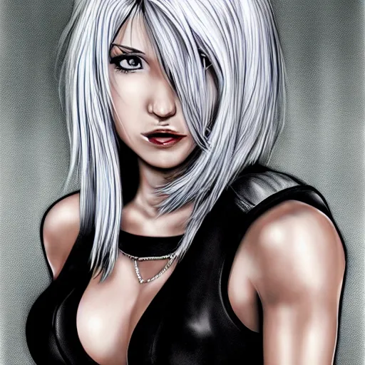 Image similar to portrait of tifa lockhart with silver hair, detailed background, trending on artstartion