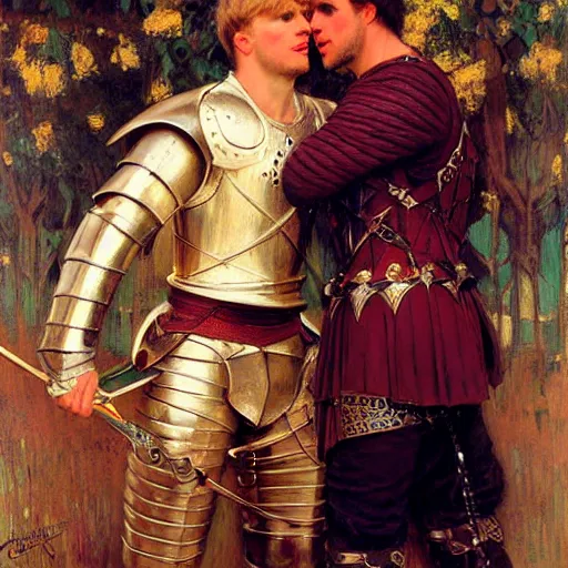 Image similar to attractive fully clothed arthur pendragon confesses his love for his attractive fully clothed male knight. highly detailed painting by gaston bussiere and j. c. leyendecker 8 k