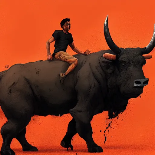 Image similar to man in orange t - shirt chased by big black bulls, concept design, contrast, kim jung gi, greg rutkowski, trending on artstation, 8 k, full body, turnaround, front view, back view, ultra wide angle