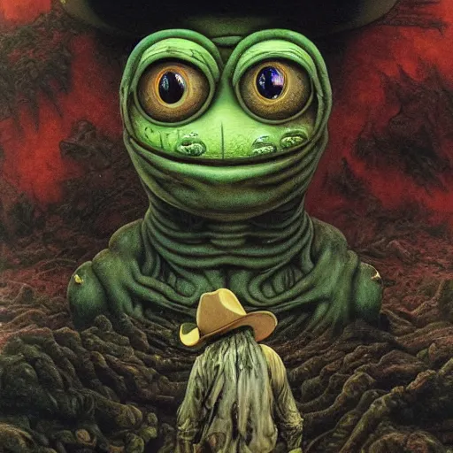 Prompt: a hyperrealistic painting of a haunted ghost town with spooky pepe the frog dressed as a cowboy with aliens. cinematic horror by chris cunningham, richard corben, highly detailed, vivid color, beksinski painting, part by adrian ghenie and gerhard richter. art by takato yamamoto. masterpiece